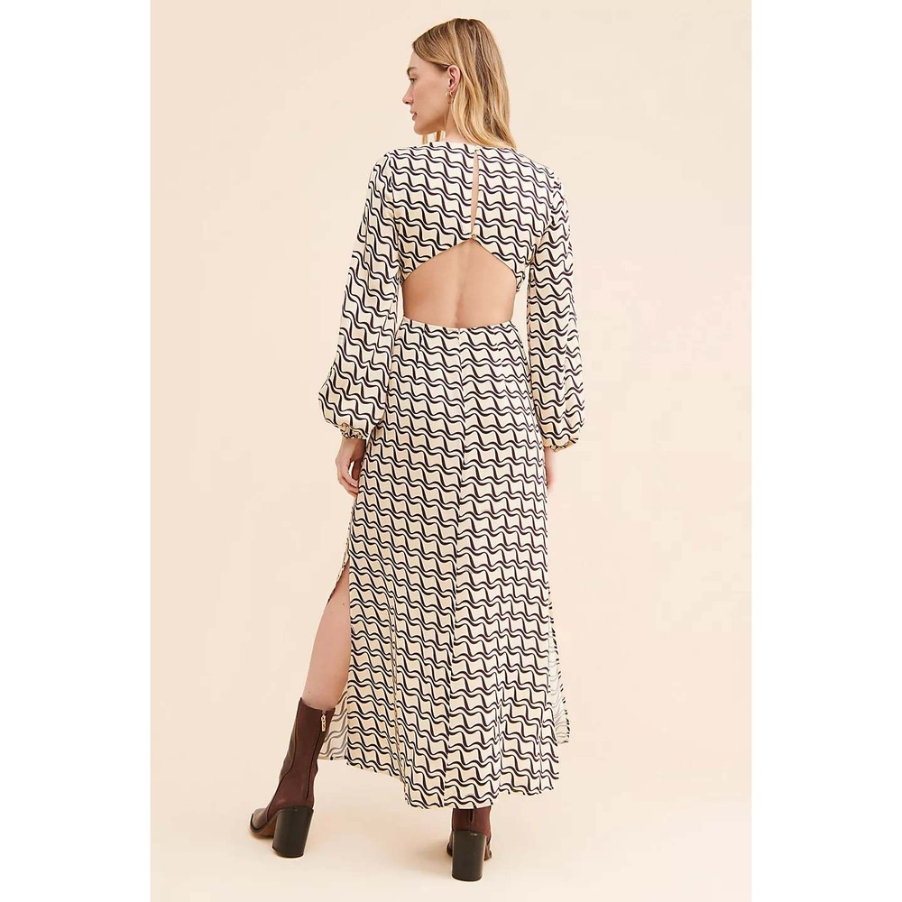 The Wolf Gang Abstract Marrakesh Cut Out Back Maxi Dress Long Blouson Sleeves XL